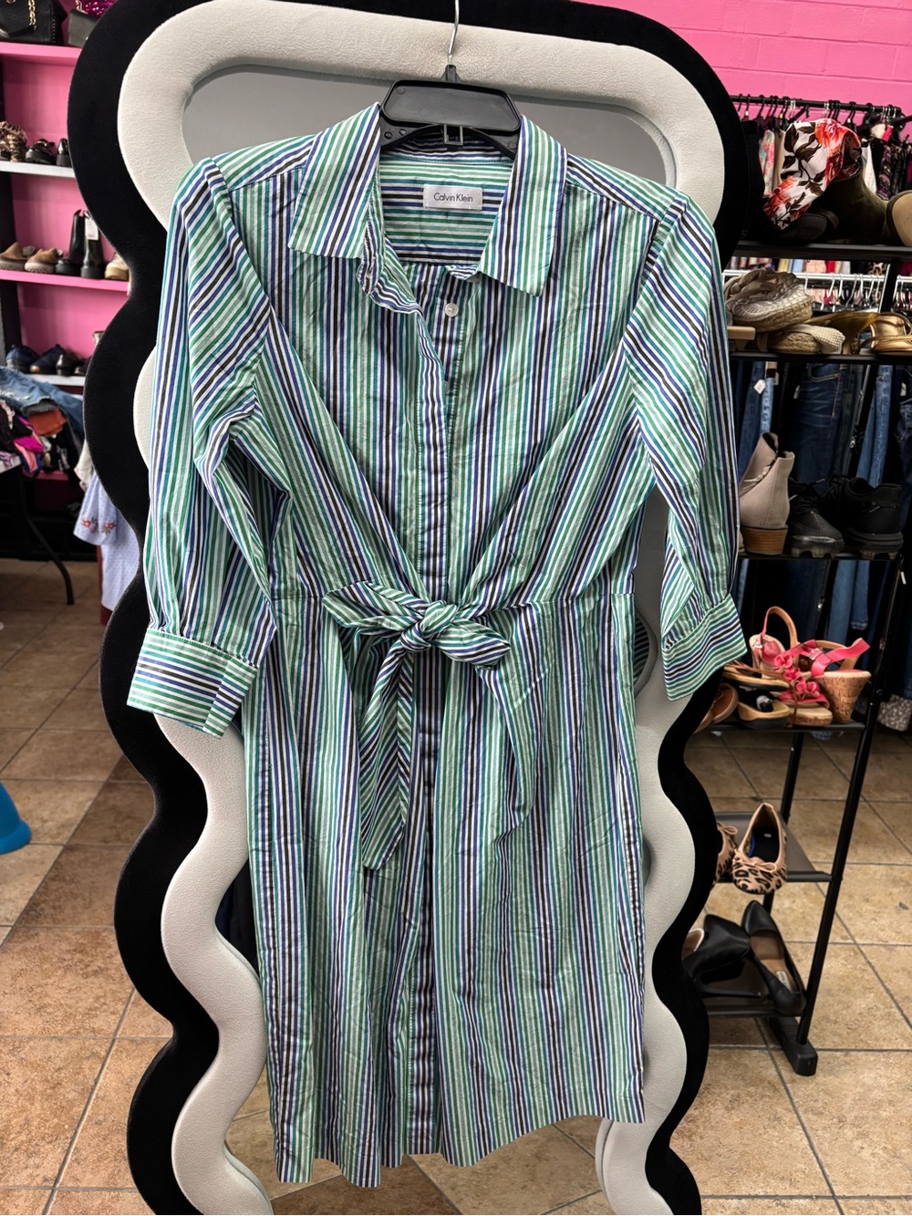 Calvin Klein Green and Blue Striped Tie-Waist Midi Dress